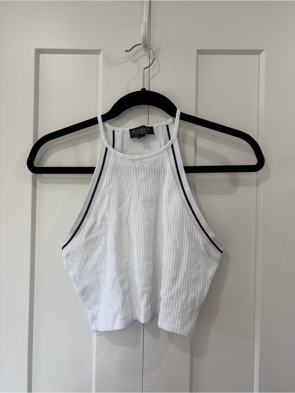Topshop White Ribbed Halter Crop Top with Black Trim